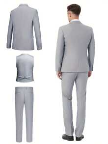 4 Pcs Men Blazer Jacket Vest Pants Stripe Tie Lapel Collar Two Button For Evening Prom Dinner Wedding Banquet Men Classic Commuting Suit - 灰色 - 查看 4