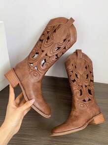 Retro Brown Western Cowboy Boots, Women Spring Autumn 2025 New V-Cut Hollow Mid-Calf Rider Boots, Vintage Style