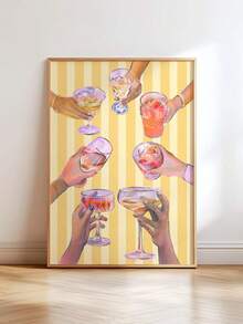 1pc "Cheers" Cocktail Art Clinking Glasses Pattern, Rainbow Drinks, Yellow & White Striped Background, Frameless Poster, Single Party Decor & Dorm Gift (Back To School Wall Art) - Multicolor - View 1