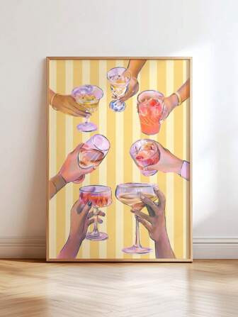 1pc Cheers Hands Cocktail Art Clinking Glasses Print With Rainbow Drinks, Yellow & White Stripe Background Frameless Poster, Bachelorette Party Decor & Girls Dorm Gift ( Wall Prints Back To School)