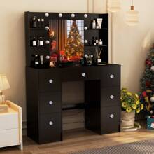 Dressing Table Makeup Vanity Desk Set With Dresser Mirror 3 Color Lights - Large Dressing Table Set & LED Makeup Mirror Drawers Vanity Desk For Bedroom