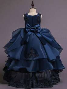 Flower Girl Dress Princess Puffy Tulle Dresses Bridesmaid Wedding Birthday Party Pageant Maxi Prom Gown For Kids - 藏蓝色 - 查看 2