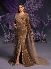 Faeriesty Dressalisa Elegant Long Sleeves Maternity Evening Gown With Tulle Mesh Overlay Hem,Embellished Sequin Split Thigh Mermaid Hem Glamorous Formal Dress For All Seasons | Weddings, Galas, Red Carpet, Dinners, Parties