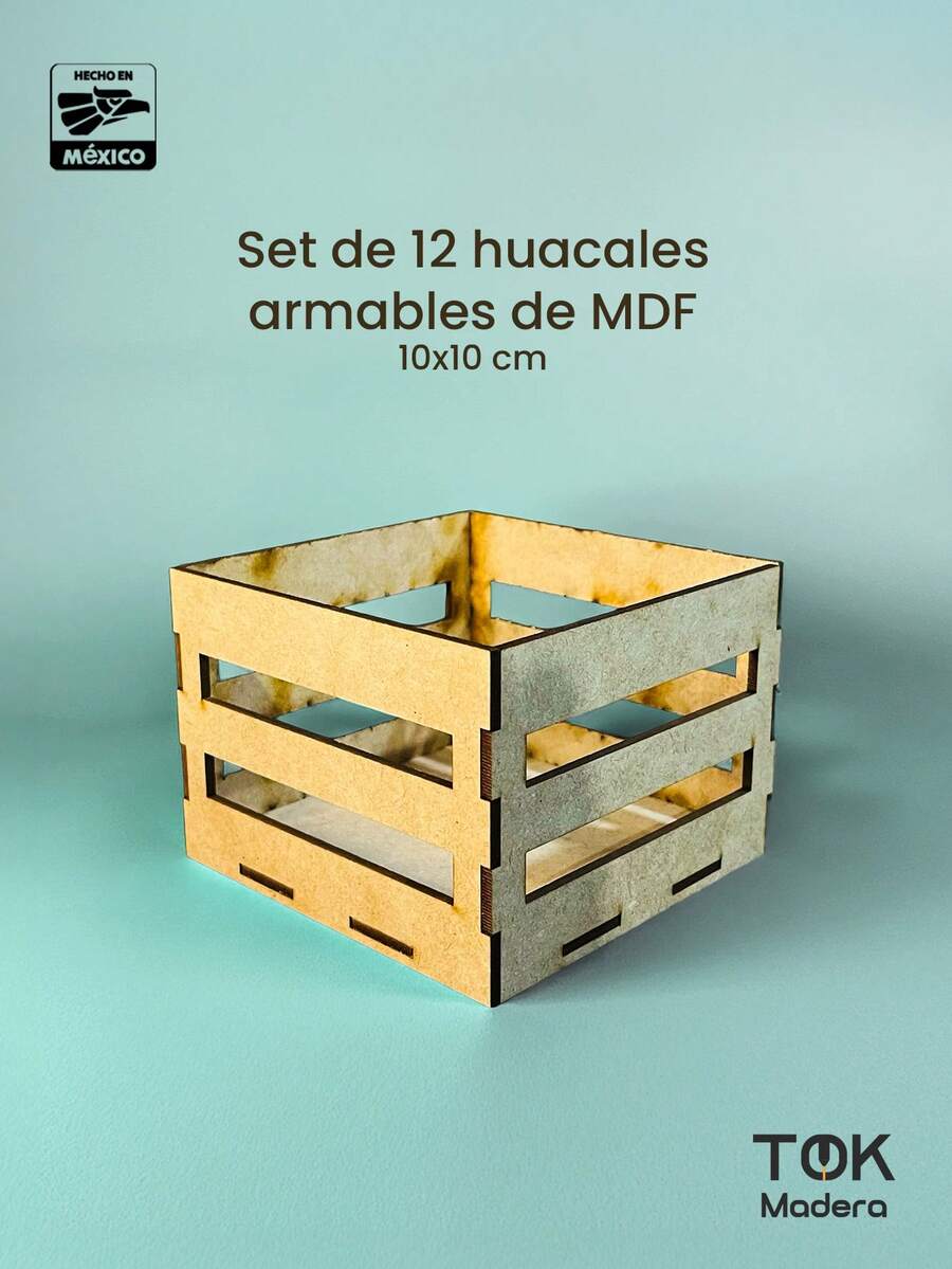 Set 12 huacales de madera MDF 10x10 cm armables para centros de mesa, recuerdos de boda, XV años, bautizos, manualidades, dulceros y decoración rústica - Café integral - Ver 1