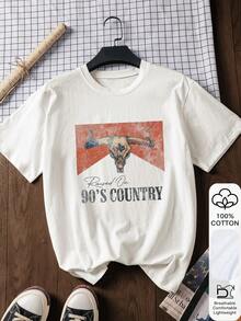 Camiseta de manga corta de 100% algodón con estilo country de los 90 y estampado de cabeza de toro para mujer, camiseta de verano, camiseta gráfica, atuendo de verano casual, camiseta de algodón, top de verano, estampado, camiseta de verano para mujer, top, ropa de verano, vacaciones, viajes, estilo de playa, ropa de resort minimalista - Blanco - Ver 1