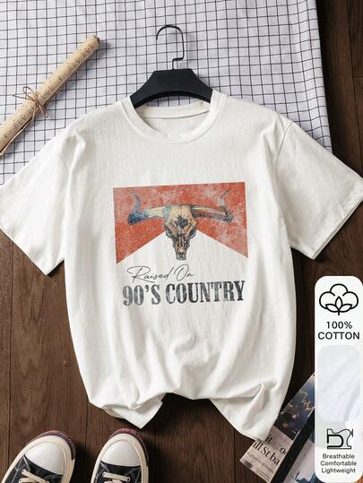 90s Country Style & Bull Head Print, Women's 100% Cotton Short Sleeve T-Shirt, Chinese New Year, Lunar New Year, Year Of The Horse, Spring Festival, Happy New Year, Valentine's Day