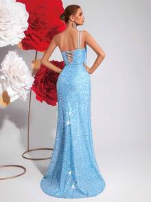 ADYCE Đầm dự tiệc cocktail nữ đính sequin xếp ly xẻ tà phía trước hở lưng, kiểu dáng thanh lịch, phù hợp cho khách dự đám cưới, tiệc tối trang trọng, lễ tốt nghiệp và các dịp khác. - Màu xanh nhạt - Xem 2