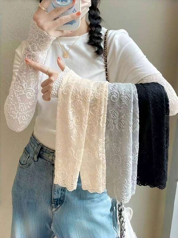 2pcs Lyocell Fiber Lace Sleeve, Fabric Material, Women's Lace Sleeve, Long Finger Sun Protection Sleeve, Summer UV Protection Cool Women's Mesh Sleeve, Suitable For Outdoor Activities, Class Gatherings, Carnival Parties, Driving Sun Protection Clothing Accessories