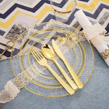 175 Pcs Disposable Gold Tableware Set, Transparent Plastic Tableware, For 25 Guests, Including Dinner Plate, Dim Sum Plate, Wine Cup, Knife, Fork, Spoon And Paper Towel, Very Suitable For Weddings And Parties - Transparent Gold - View 4
