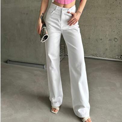 Women High-Waisted Wide Leg Light White Jeans - Solid Color Pocket Button Zipper Denim Pants