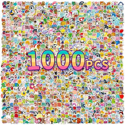TOOUEE 1000 piezas Paquete de pegatinas de dibujos animados aleatorios y lindos sin repetición - Lindo regalo de vacaciones - 1000 estilos Kawaii duraderos para fiestas, rellenos de calcetines navideños, decoraciones de cumpleaños