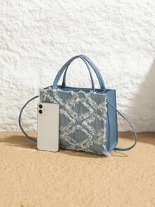 新款小方包荔枝纹手提包女士斜挎包女包浅蓝色包包 - 淺藍色 - 查看 4