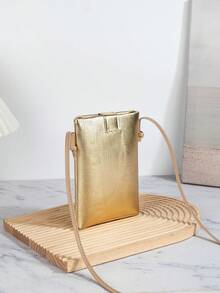 褶皱PU皮革金色手机包，简约时尚零钱包，肩背/斜挎两用，防盗扣，适合商务旅行、外出、日常佩戴、节日、婚礼、派对等场合。