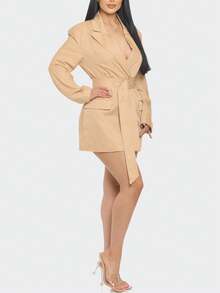 The Boss Pinstripe Blazer Dress  Striped  Plain    Elegant    Button Front  Belted  Pocket    Office - Màu be - Xem 6