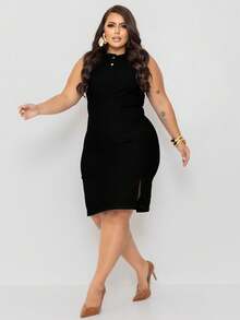 Plus Size Denim Dress, Midi Tube Model, With Side Slit - Negro - Ver 2