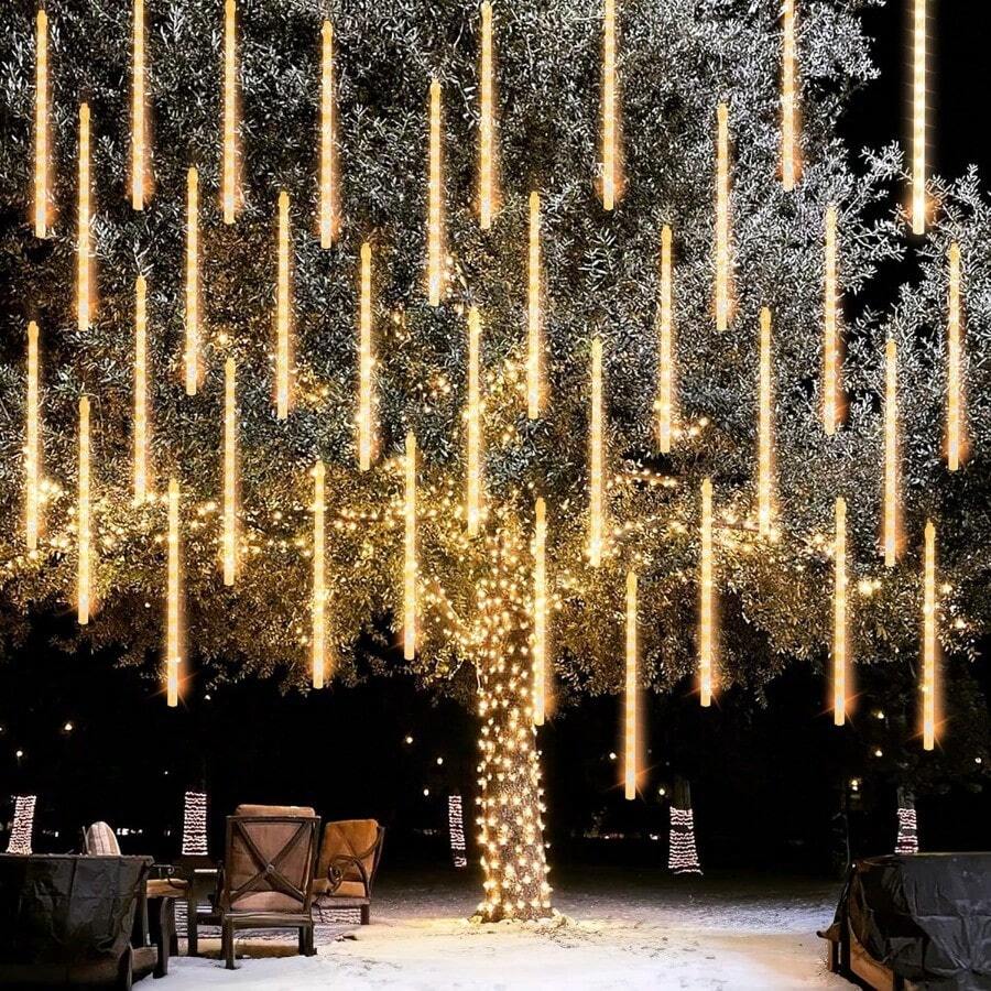 Decoraciones de luces brillantes para el 4 de julio, luces de lluvia de meteoros de 288 LED en rojo, azul y blanco de 12 pulgadas con 8 tubos, luz de lluvia en caída impermeable y enchufable para el Día de la Independencia para exteriores y jardín - Blanco cálido - Ver 1