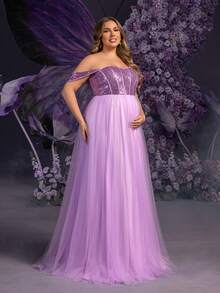 Faeriesty Dressalisa 优雅大码孕妇礼服，露肩、后系带和开衩大腿下摆 - 薄纱覆盖，适合春夏婚礼、孕妇写真和正式活动（精致飘逸外观） - 紫色 - 查看 6