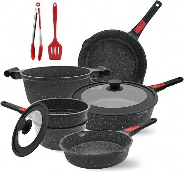 10 Pcs Pots And Pans Set Nonstick, Cast Aluminum Kitchen Cookware Set With Lid/Frying Pans & Saucepans With Detachable Handle, Oven& Dishwasher Safe (Black)