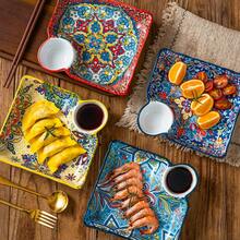 1pc Bohemian Ceramic Dinner Plates With Sauce Dish, Rectangle Decorative Dipping Sauce Plates, Multi-Compartment Serving Trays For Dumplings, Breakfast, Fruits - Perfect Gift For Christmas Dinner, Thanksgiving, Easter Brunch, Mother's Day & Housewarming - 19.05 Cm,School Supplies - Multicolor - View 9