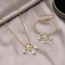 Set de 2 piezas: brazalete y collar de perlas artificiales con diseño floral hueco, regalo para mujeres