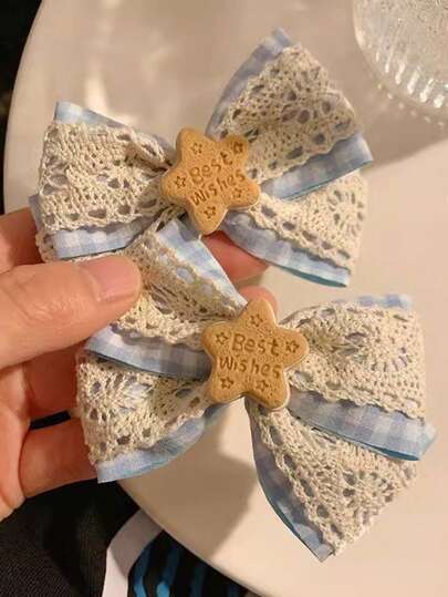 2 件 Y2K 乳白色蓝色蕾丝蝴蝶结发夹，适合角色扮演，洛丽塔时尚配饰，爪夹，鳄鱼发夹，发夹，发夹，女士冬季服装，蝴蝶结，可爱