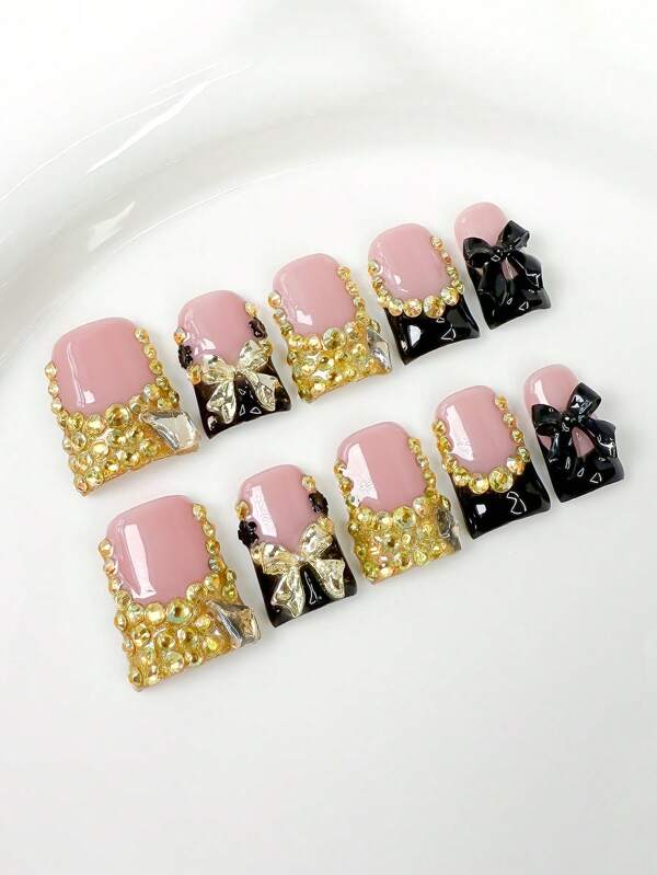 10pcs Nude Duck Press On Nails With Bowknot Durable & Never Splitting Comfort Fake Nails For Professional Nail Art Salon Supply