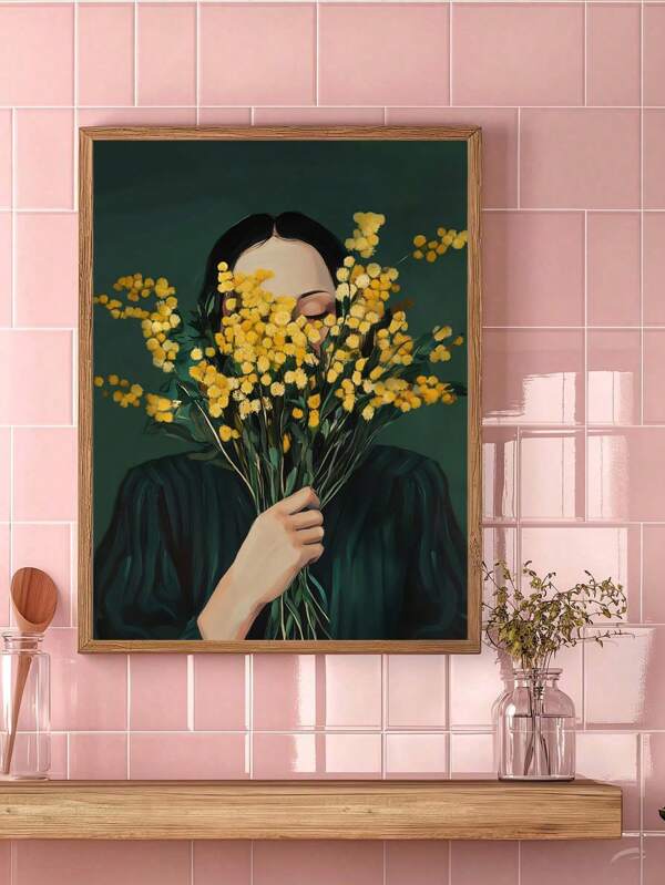 1 pieza Cartel de arte humano abstracto verde sin marco, mujer minimalista con estampado de flores, decoración de pared para sala de estar, dormitorio, baño, oficina, pasillo, cocina - Estilo clásico moderno de art Deco, patrón floral, uso en interiores, obra de regalo, decoraciones estéticas para la habitación