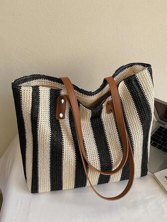 1pc Large Capacity Rainbow Tote Shoulder Bag, Simple Design Suitable For Trips, Travel, Beach, New