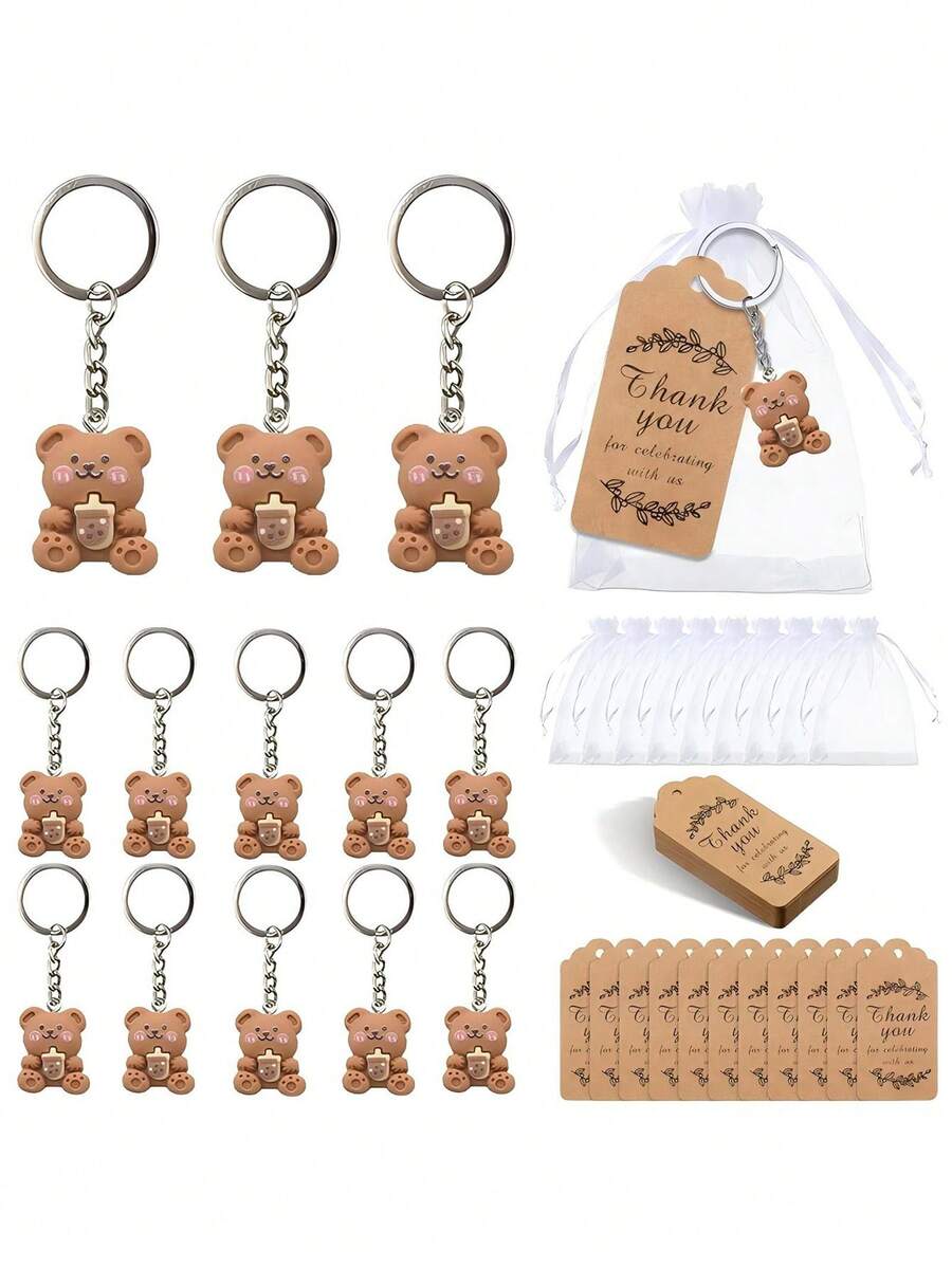 20 zestawów upominków na baby shower dla gości, breloki z misiami, podziękowania, etykiety Kraft, woreczki organzowe, upominki na przyjęcie w kształcie misiów, prezenty urodzinowe, chrzest, powrót do szkoły, przybory szkolne dla dziewcząt/chłopców, plecak, artykuły szkolne
