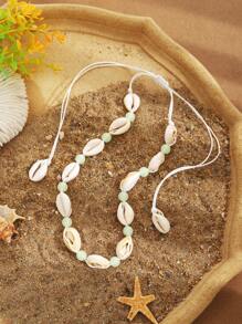 ZIRUISP Conjunto de collar y pulsera de verano con conchas luminosas naturales para mujer, con cadena de cuerda trenzada, ajustable, de estilo bohemio, como regalo para usar en la playa, vacaciones o uso diario
