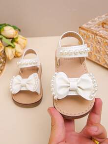 Girls' Fashion Adorable Big Bow Pearl Decor Outdoor Flat Sandals, Soft & Comfortable - Beige - View 2