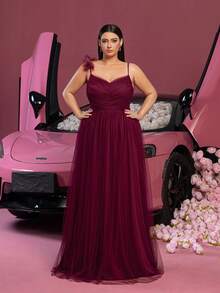 Faeriesty Luxe Plus Elegant Pleated Front Panel Mesh Splice Spaghetti Strap Party Dress - Burgundy - View 3