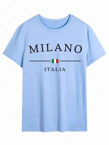 男士夏季字母印花圆领短袖休闲T恤 - 淺藍色 - 查看 2