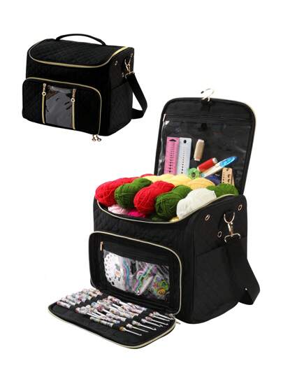 1pc Solid Color Knitted Storage Bag, Modern Style Polyester Household Organizer Bag, Large Capacity Portable Outdoor Travel Handheld Tool Bag, Sewing Accessories Storage, Suitable For Sewing & Knitting Hobbyists And Beginners