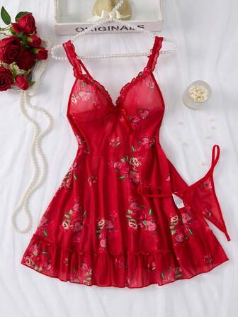 2 piezas Conjunto de lencería y ropa de dormir sexy, conjunto completo de dos piezas con tanga a juego, dobladillo con volantes delicados y tirantes ajustables para un ajuste perfecto, patrón floral vibrante, vestido sensual para la noche para mujeres, Navidad