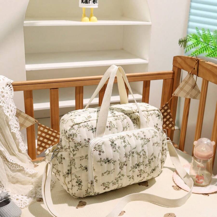 2024 New Fashionable Mummy Bag, Korean Embroidered Shoulder Messenger Bag, Large Capacity Embroidered Ditsy Floral Maternity Bag - Rice - View 1