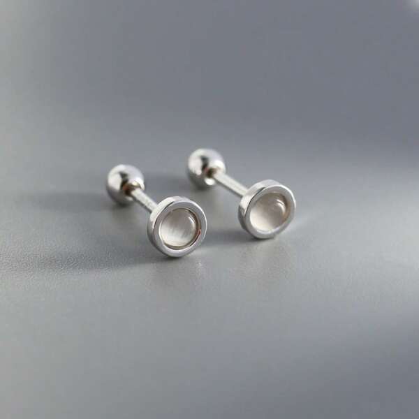 1 Pair 925 Sterling Silver Cat's Eye Stone Round Stud Earrings, Elegant & Hypoallergenic Jewelry For Women, Spiral Twist Pearl Ear Back Design, Suitable For Daily And Festival Wear, Comes With Gift Box