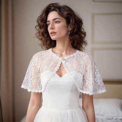 Vintage Lace Bridal Cape, Spring/Summer New Bride Wedding Dress Lace Cloak, White Slimming Bridesmaid Cheongsam Thin Cape Coat, Floral Pattern For Party/Wedding Accessories
