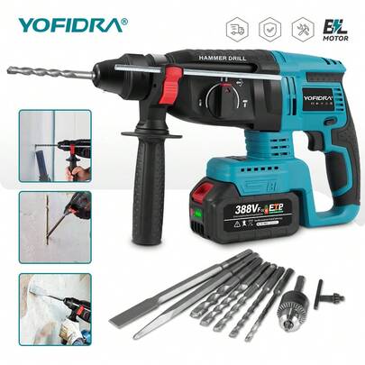 Yofidra Electric Drill,1680W Brushless Electric Hammer Drill 26MM Multifunctional Cordless Rechargeable Power Tool Set