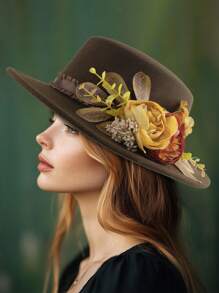 1pc Women's Fashion Wide Brim Hat Lake Blue Multicolor Floral Green Leaf Embroidery Elegant Sun Hat High Quality Straw Hat Wedding Holiday Mother's Day Gift Beach Sun Protection Straw Hat