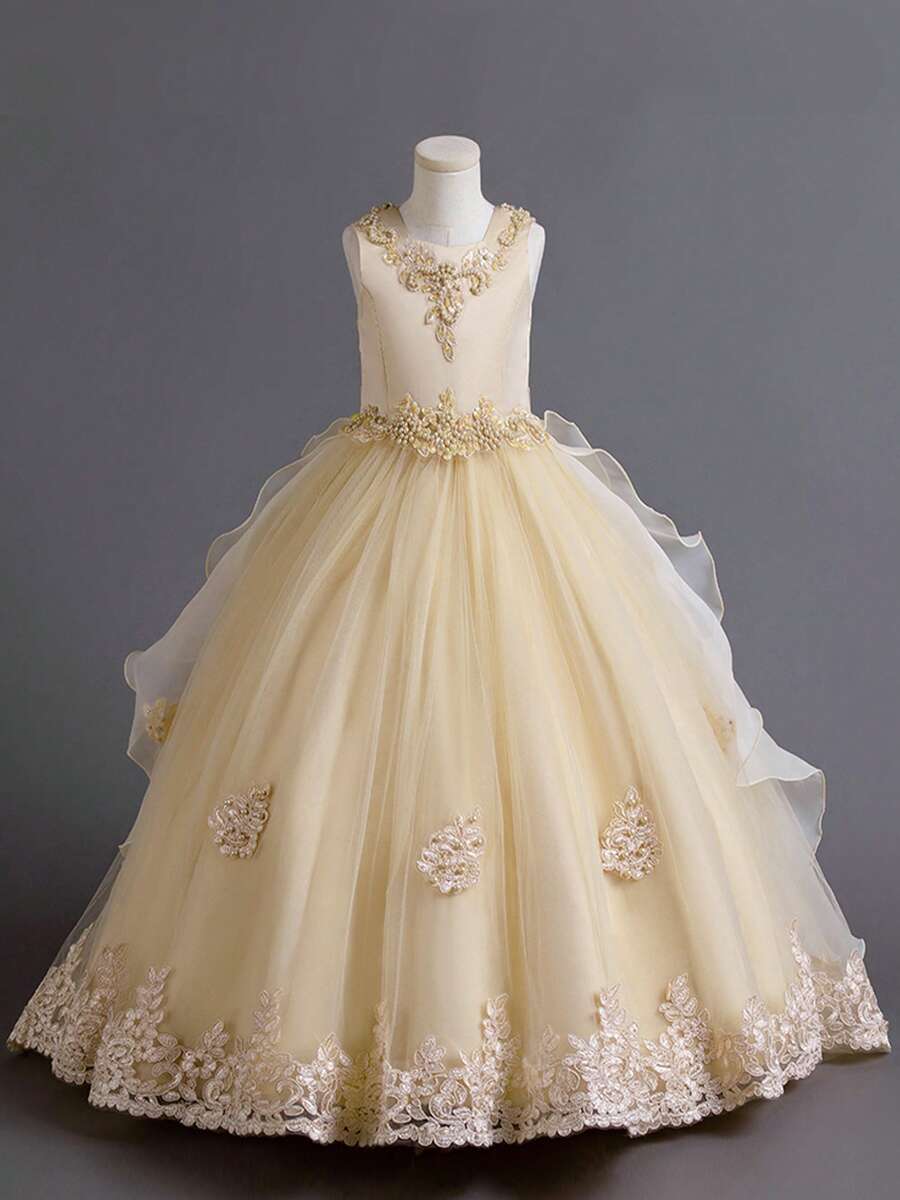 Flower Girl Dress Princess Puffy Tulle Dresses Bridesmaid Wedding Birthday Party Pageant Maxi Prom Gown For Kids - 香檳色 - 查看 1