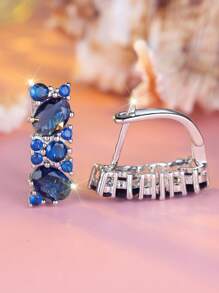 1 Par de Brincos de Botão Elegantes para Mulheres com Zircônia Cúbica Azul Revestido a Ouro Branco, Luxuoso para Casamento, Festa, Férias, Uso Diário, Durante Todas as Estações