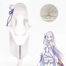 Peluca de cosplay de Emilia de Re:Zero: Starting Life in Another World, cabello largo y rizado con flequillo y trenzas, imitación natural, color blanco. - Blanco - Ver 1
