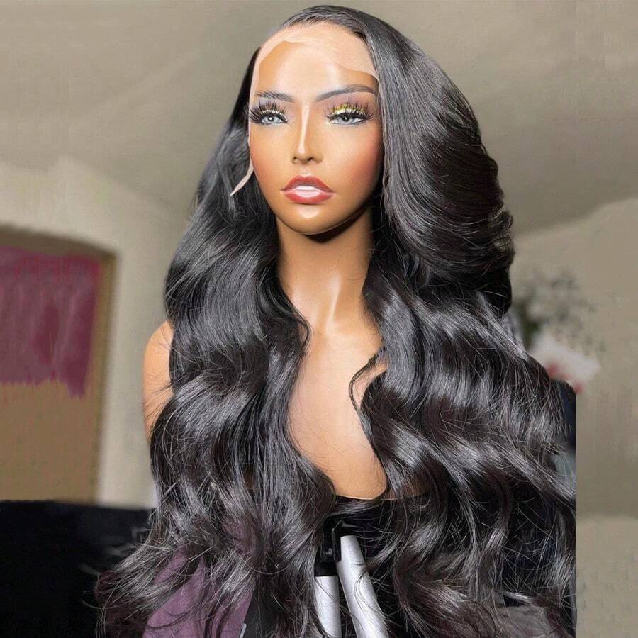 CUEKI 波浪蕾丝前发假发 60% 真人发 13x4 高清蕾丝前发真人混合发假发蕾丝假发预拔婴儿发 200 密度 26 英寸纤维混合真人发假发女士自然黑色（鲍勃假发 6 英寸） - Natural Black - 查看 1