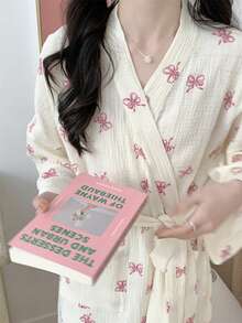 1pc Women's Bathrobe, Kimono Robe, Sleepwear, Minimalist European Style Long Sleeve, Spring/Autumn, Petite To Plus Size, Pink Bow Decor, Lightweight Solid Color Loungewear - Beige - View 2