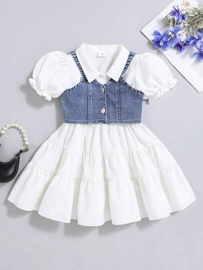 Conjunto de vestido de manga abullonada con dobladillo empalmado + camisola de mezclilla y cárdigan para niñas, conjunto versátil y de moda para volver a la escuela
