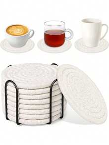 8件吸水饮料杯垫+收纳架，咖啡桌编织杯垫，厨房餐桌耐热杯垫加厚隔热垫 - 白色系8片+收納架 - 查看 1