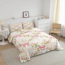 Juego de edredón con lazo floral, juego de ropa de cama con estampado de lazo rosa de tamaño king, decoración de dormitorio para niñas, edredón lindo con flor de lazo, juego de cama de estilo de princesa soñadora para todas las estaciones - Beis - Ver 2