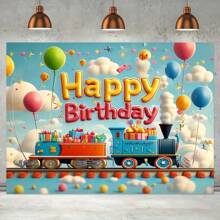 1 Stück Hintergrund mit blauem Himmel, weißen Wolken und Luftballon, kleiner Zug voller Geschenke, Geburtstagsfeierbanner, Party, Heim- und Bürozelebrationshintergrund