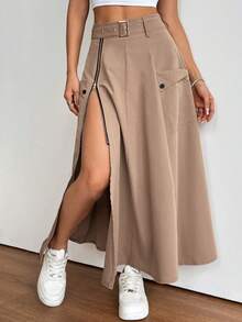 Falda A-Line minimalista de moda con bolsillos con cremallera lateral y botones, informal para vacaciones - Caqui - Ver 6